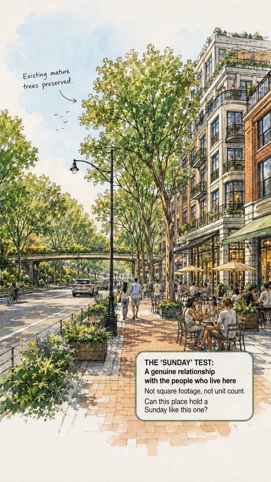 Watercolour of a tree-lined Toronto mid-rise street — café patios, preserved mature trees, a linear park, and people sharing a Sunday afternoon.